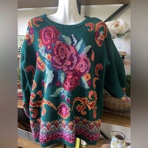 Vintage Floral Knit Sweater - Green and Pink
